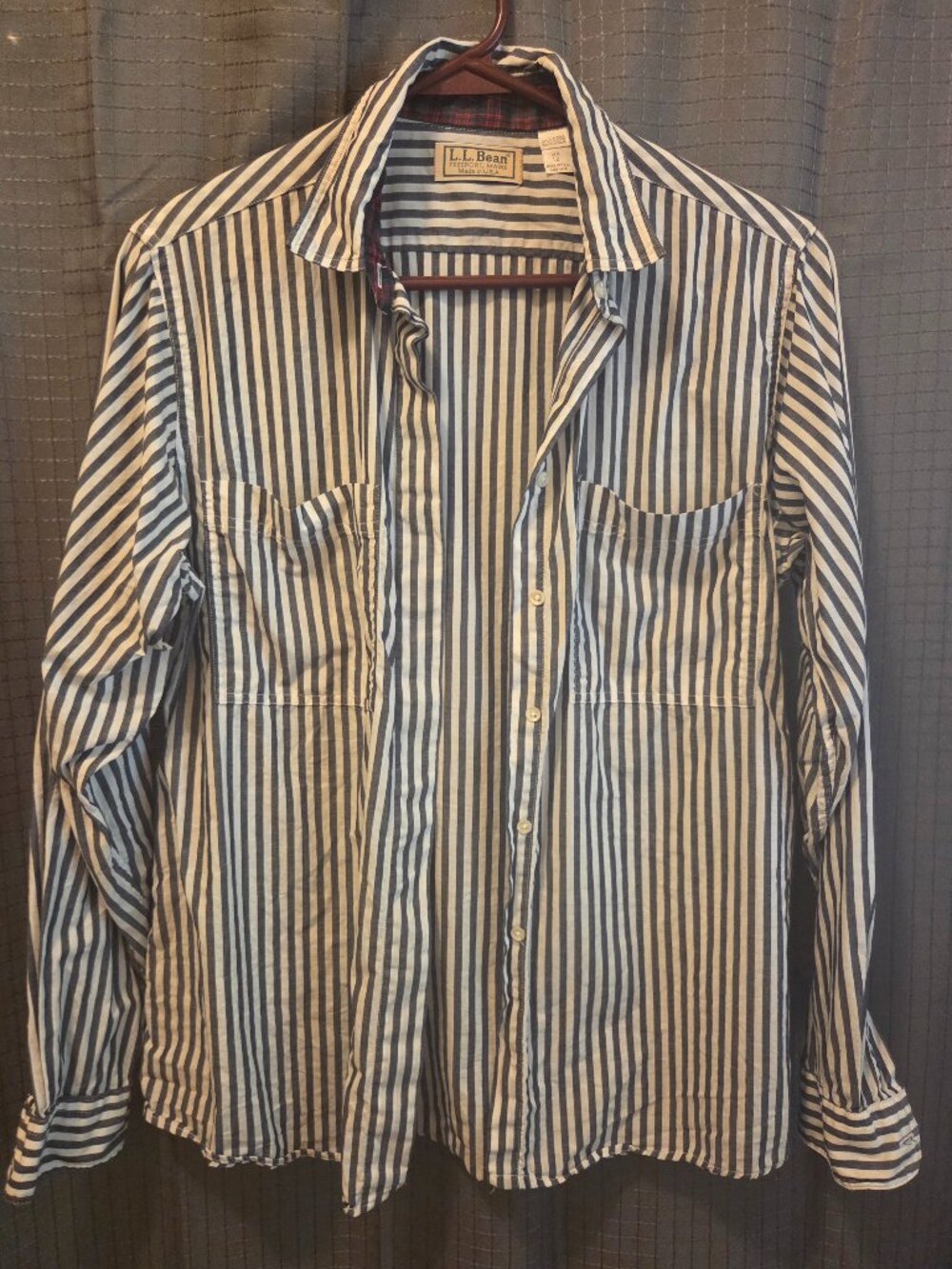 Vintage L.L. Bean Bluish Gray White Striped Plaid Trim Button Down Shirt 12